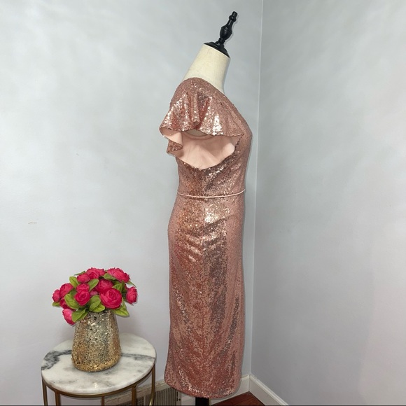 # Mac Duggal Rose Gold Sequins One Shoulder Ruffle Mini Dress / Gown New W/ Tag - Picture 13 of 17